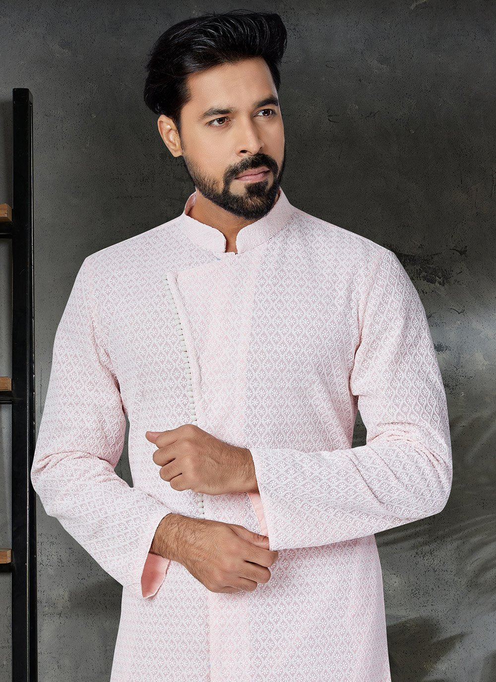Kurta Pyjama Georgette Pink Embroidered Mens