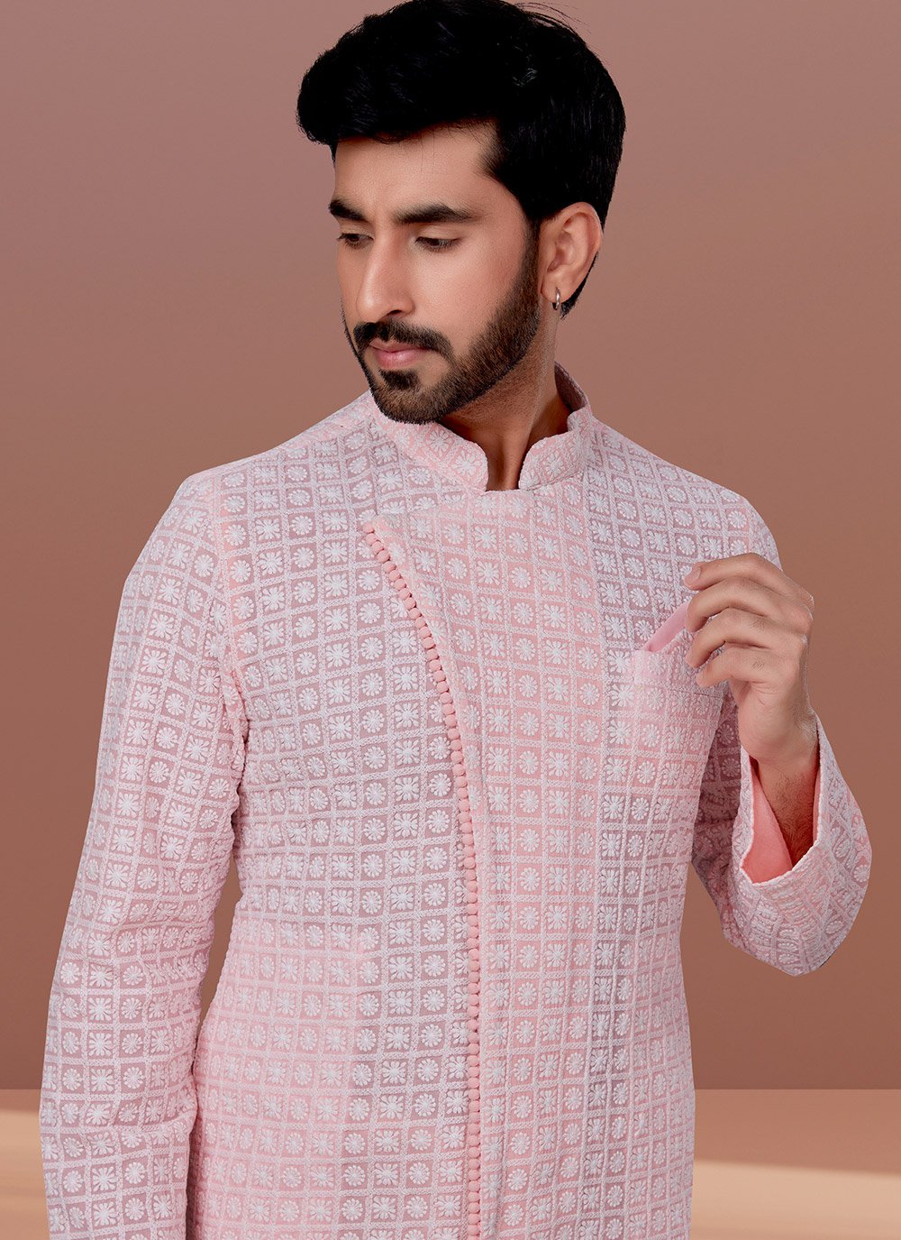 Kurta Pyjama Georgette Pink Embroidered Mens