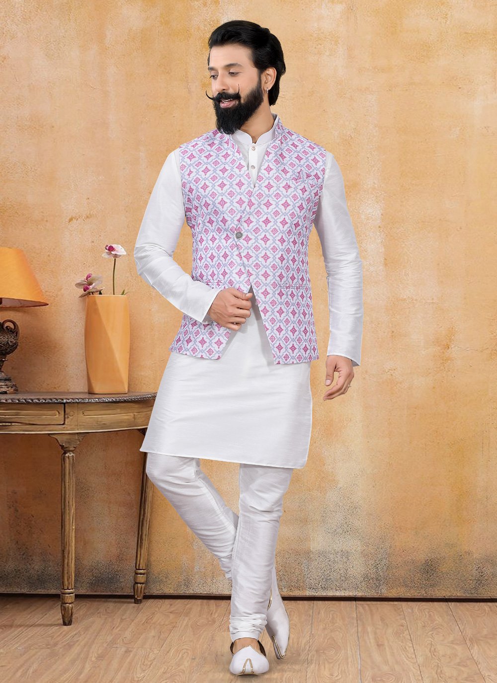 Nehru Jackets Lucknowi Pink Print Mens