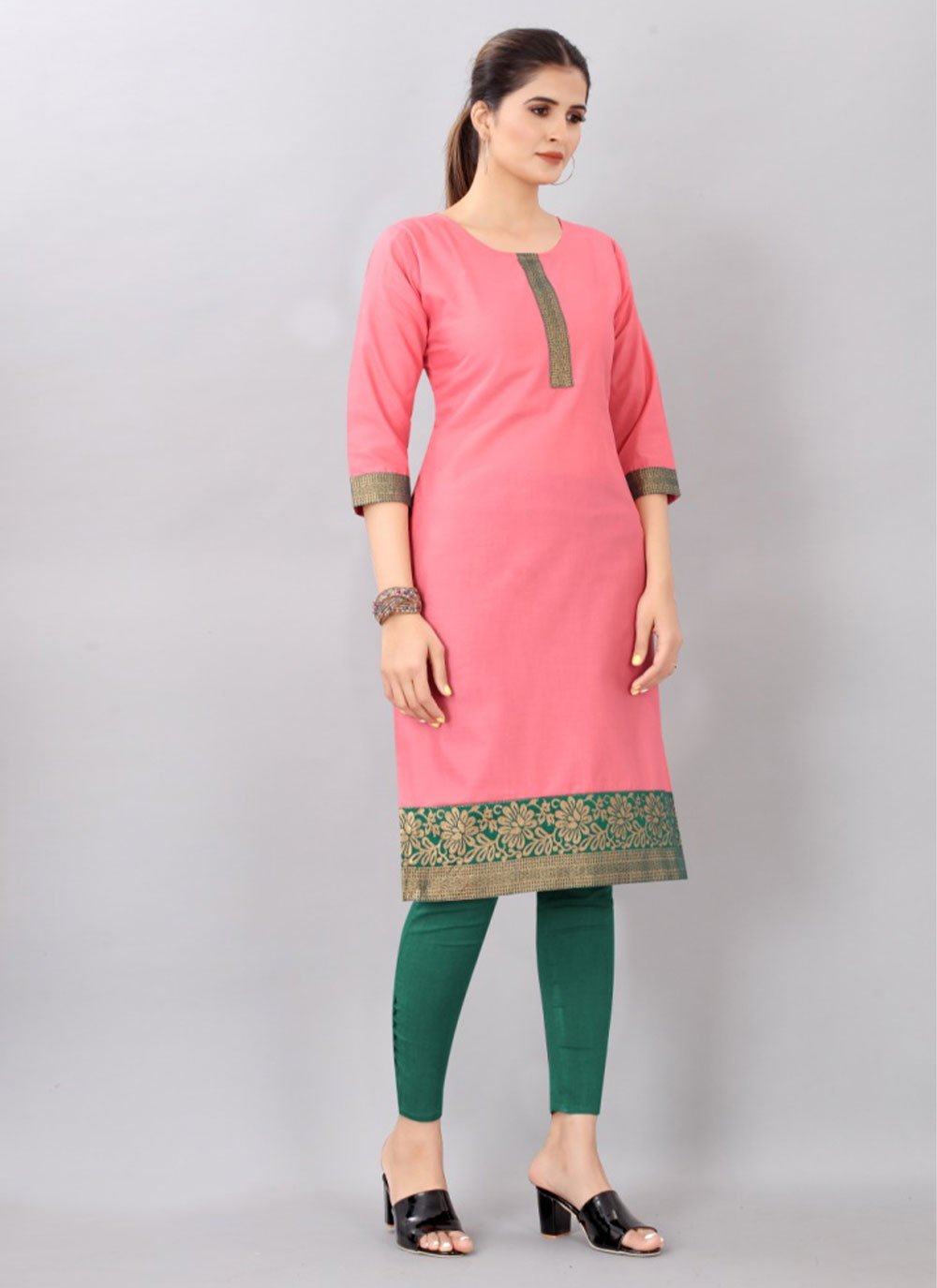 Casual Kurti Cotton Pink Jacquard Work Kurtis