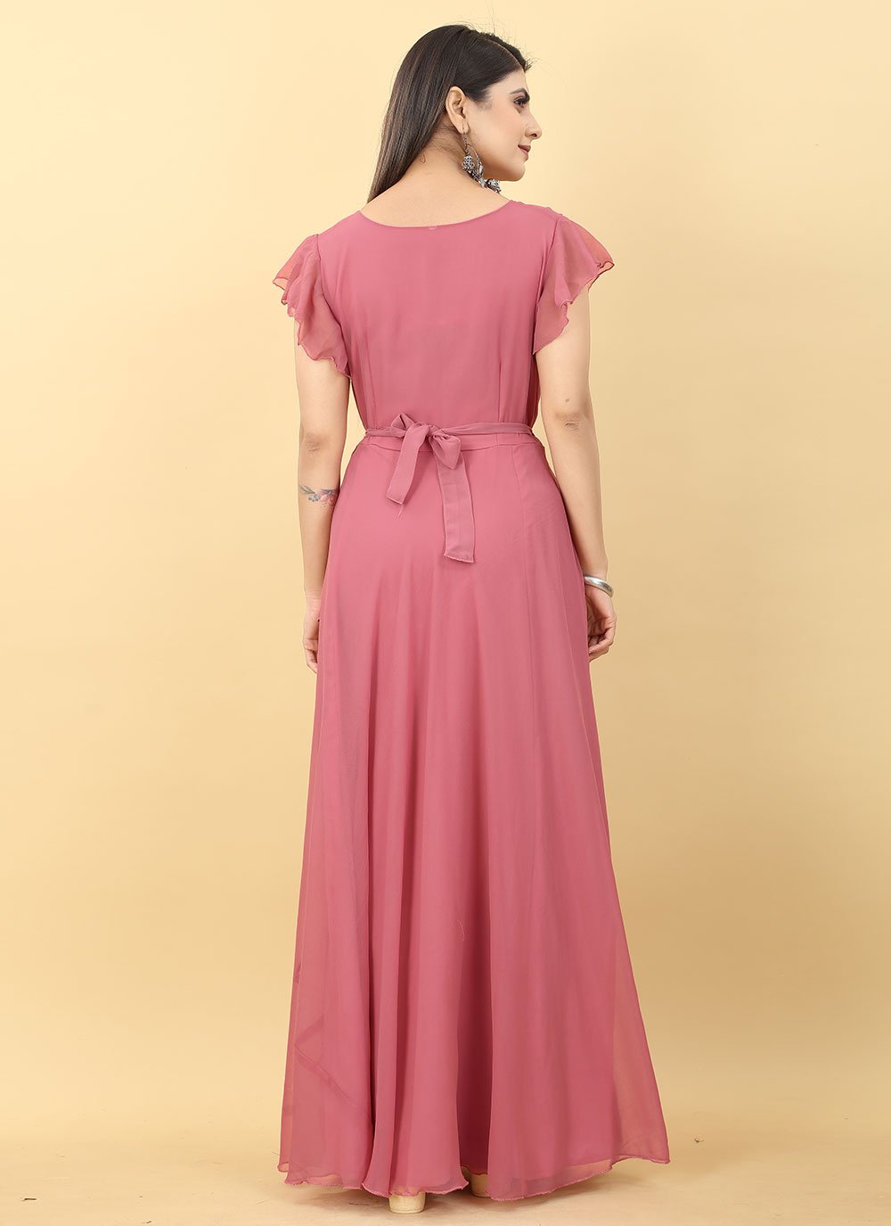 Designer Gown Georgette Pink Plain Gown