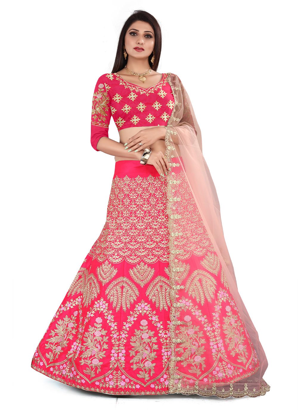 A Line Lehenga Satin Pink Embroidered Lehenga Choli