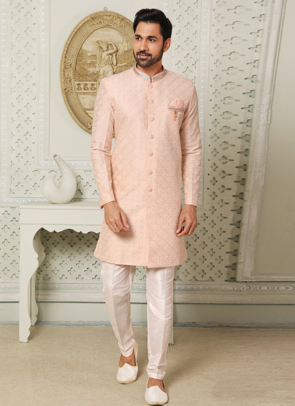 Indo Western Art Silk Pink Embroidered Mens