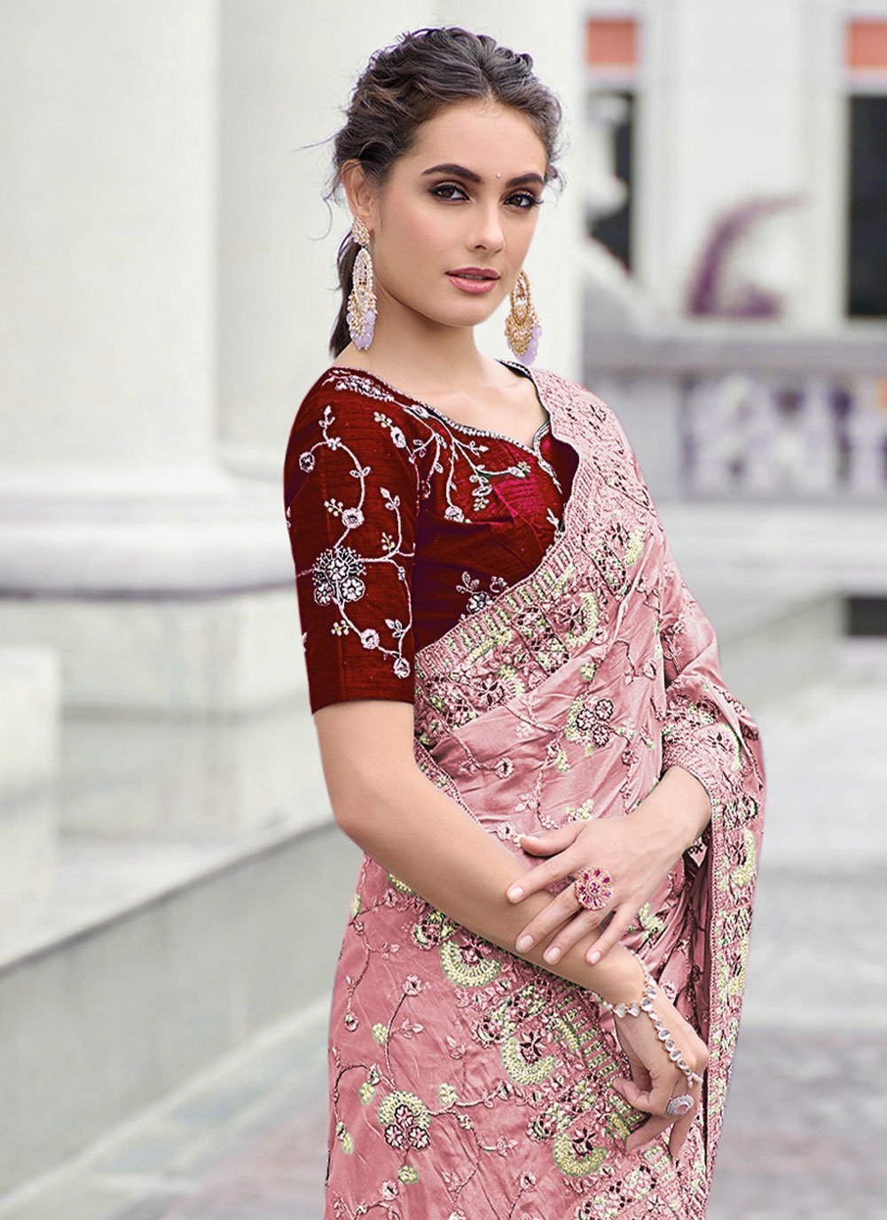 Classic Georgette Pink Embroidered Saree