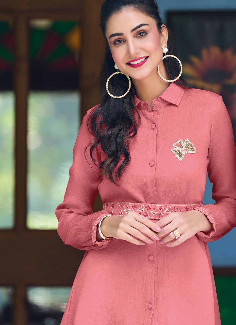 Party Wear Kurti Chinon Pink Embroidered Kurtis