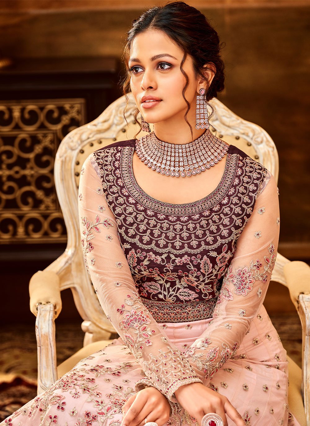 Anarkali Suit Net Pink Embroidered Salwar Kameez