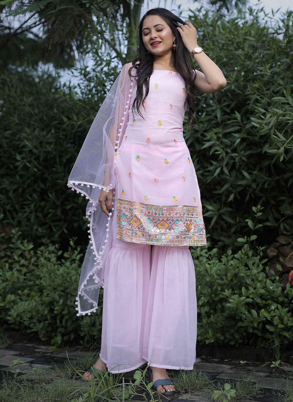 Trendy Suit Faux Georgette Pink Embroidered Salwar Kameez