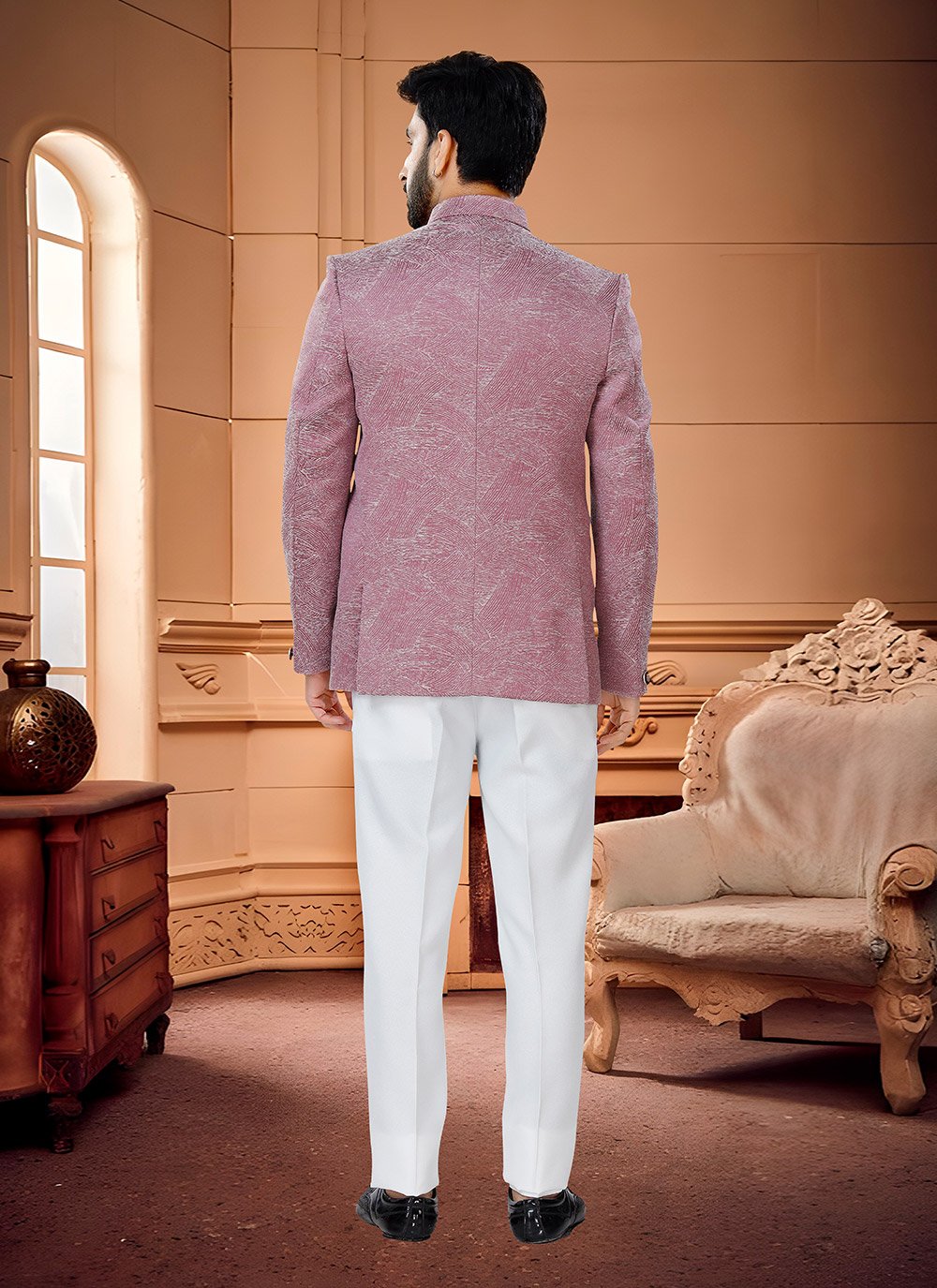 Jodhpuri Suit Jacquard Pink Woven Mens