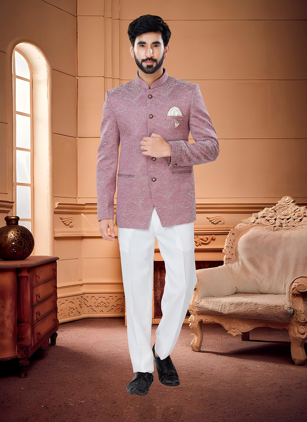 Jodhpuri Suit Jacquard Pink Woven Mens – Kajols Indian