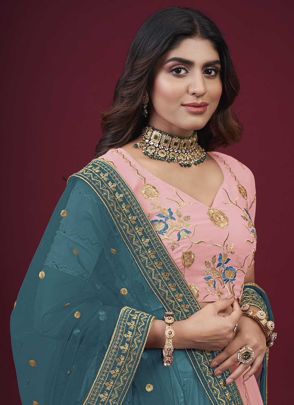 A Line Lehenga Faux Georgette Pink Embroidered Lehenga Choli