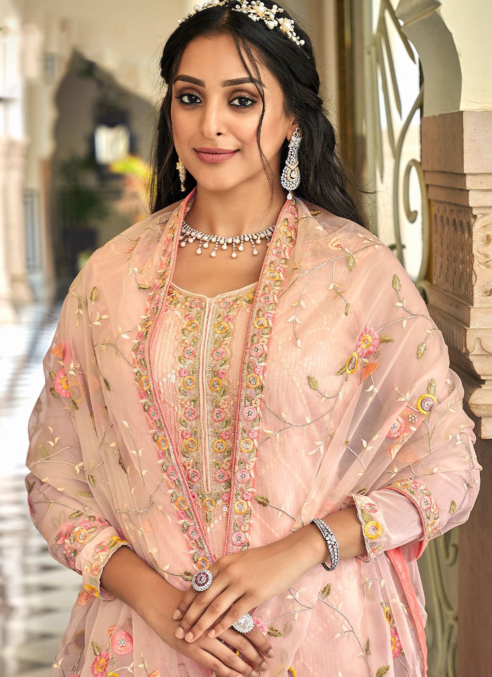Pant Style Suit Faux Georgette Pink Embroidered Salwar Kameez