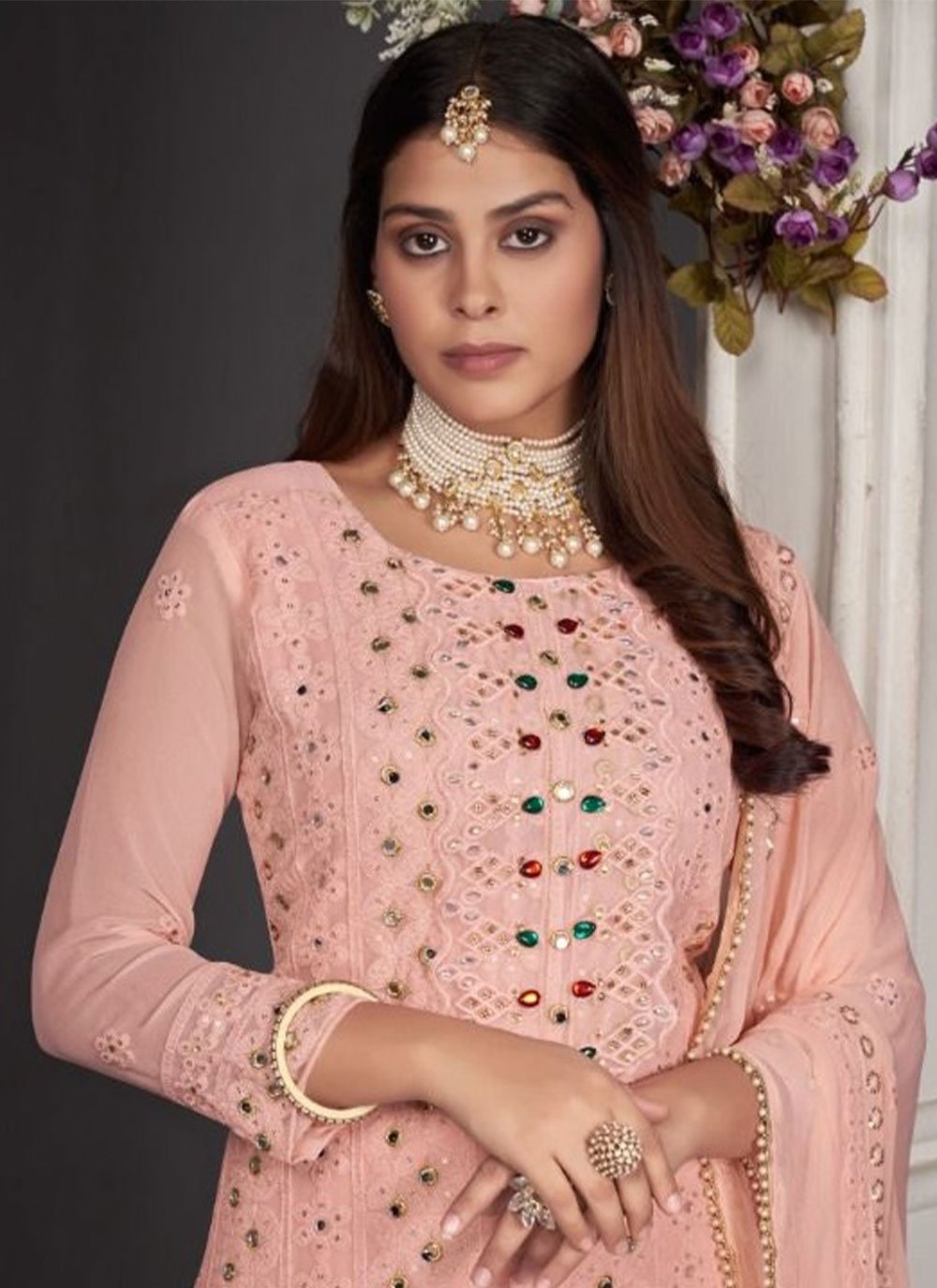 Salwar Suit Faux Georgette Pink Embroidered Salwar Kameez