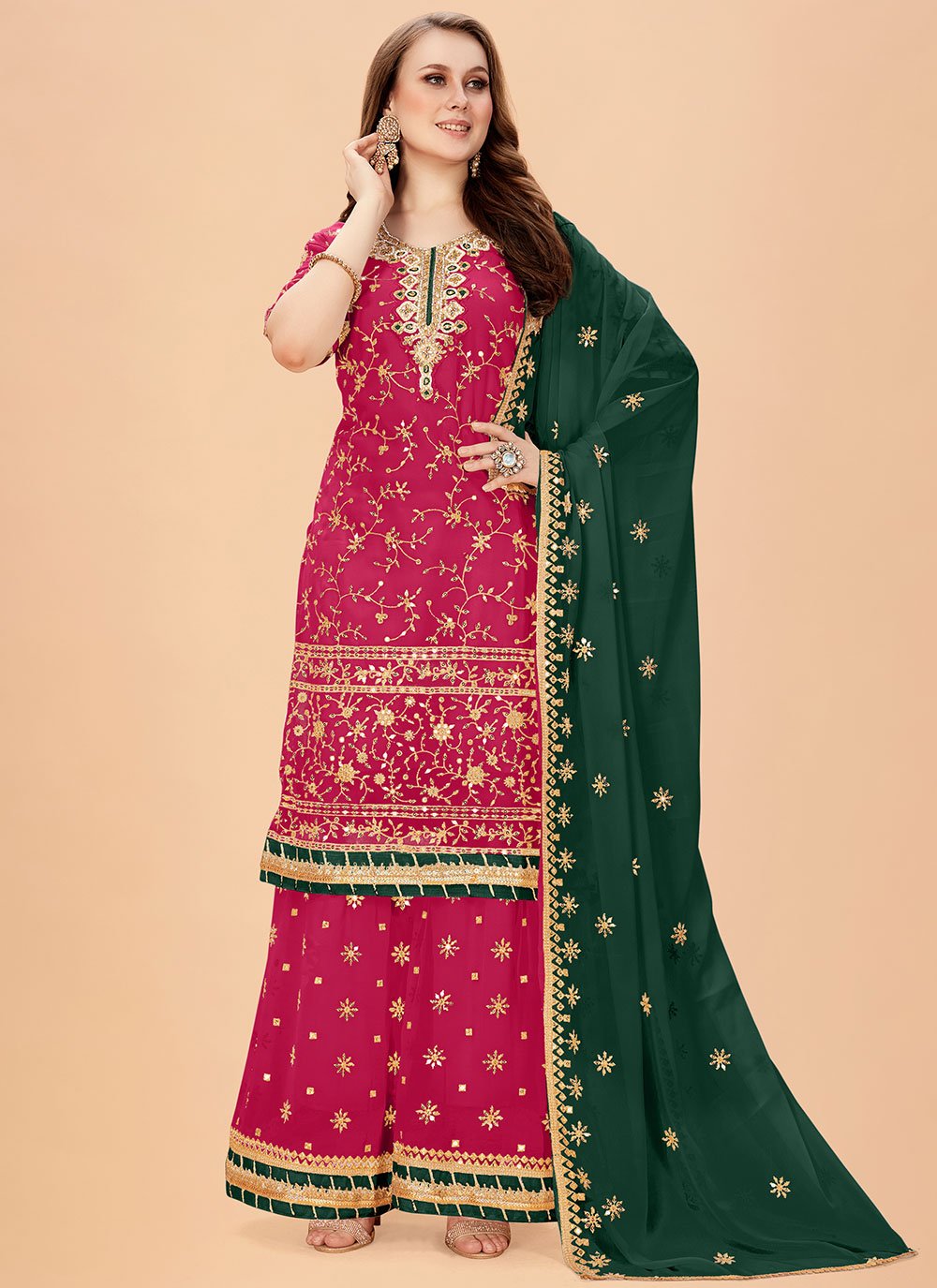 Palazzo Salwar Suit Faux Georgette Pink Embroidered Salwar Kameez