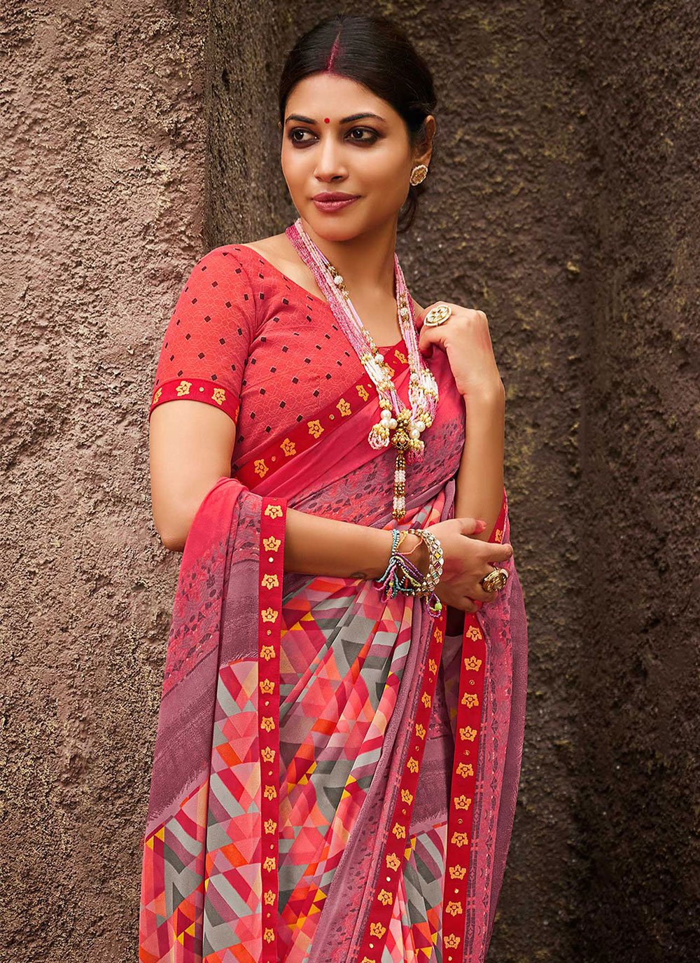 Contemporary Georgette Pink Print Saree