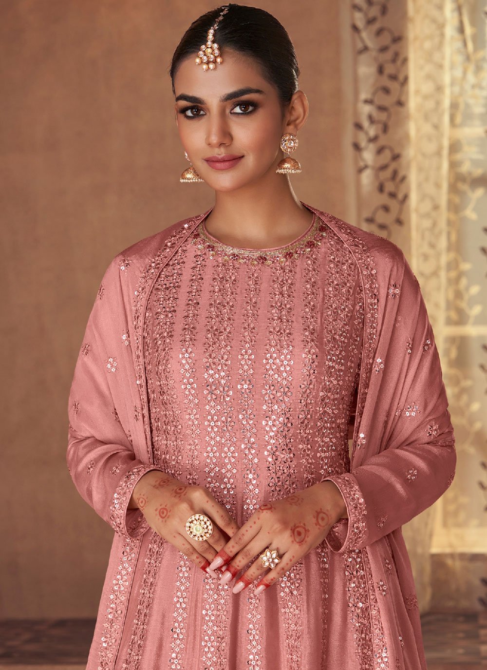 Palazzo Salwar Suit Chinon Georgette Pink Embroidered Salwar Kameez