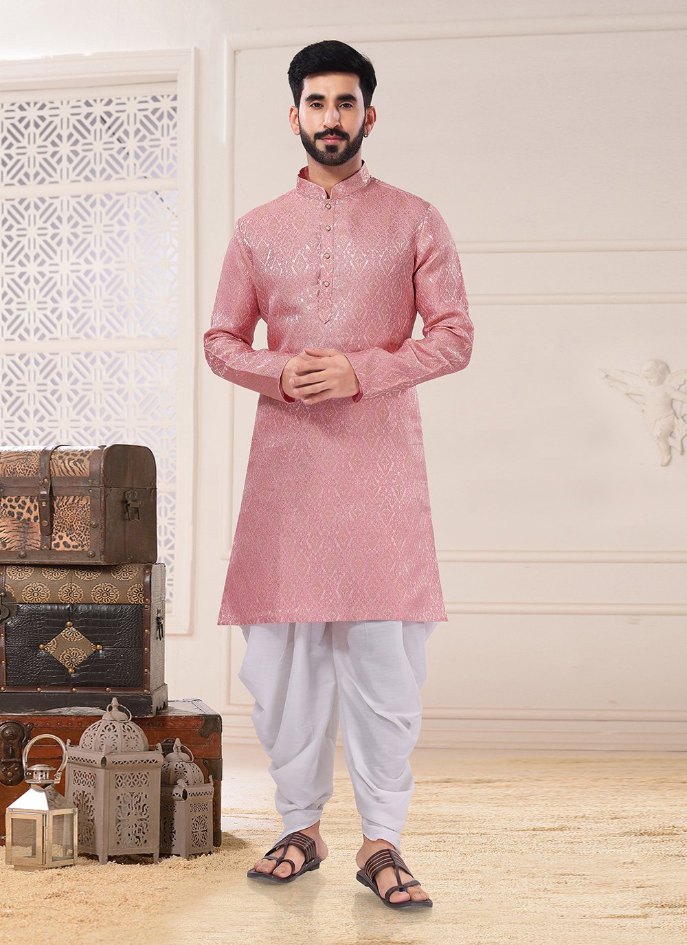 Dhoti Kurta Jacquard Pink Embroidered Mens