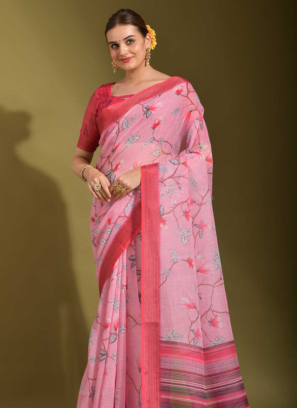 Trendy Saree Linen Pink Print Saree