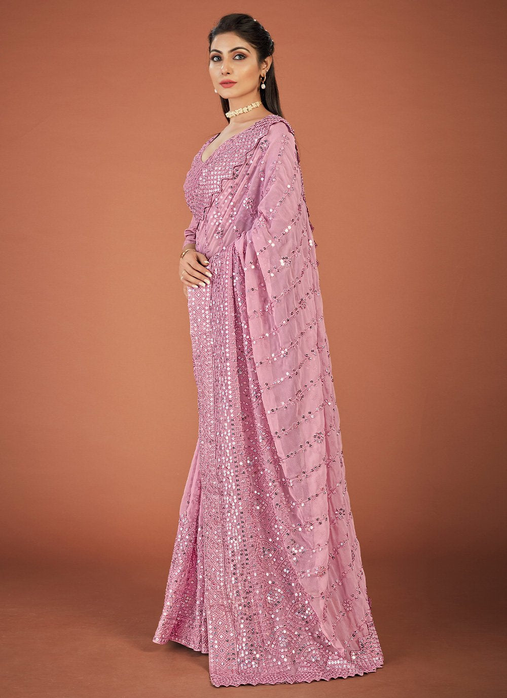 Contemporary Georgette Pink Lucknowi Work Saree