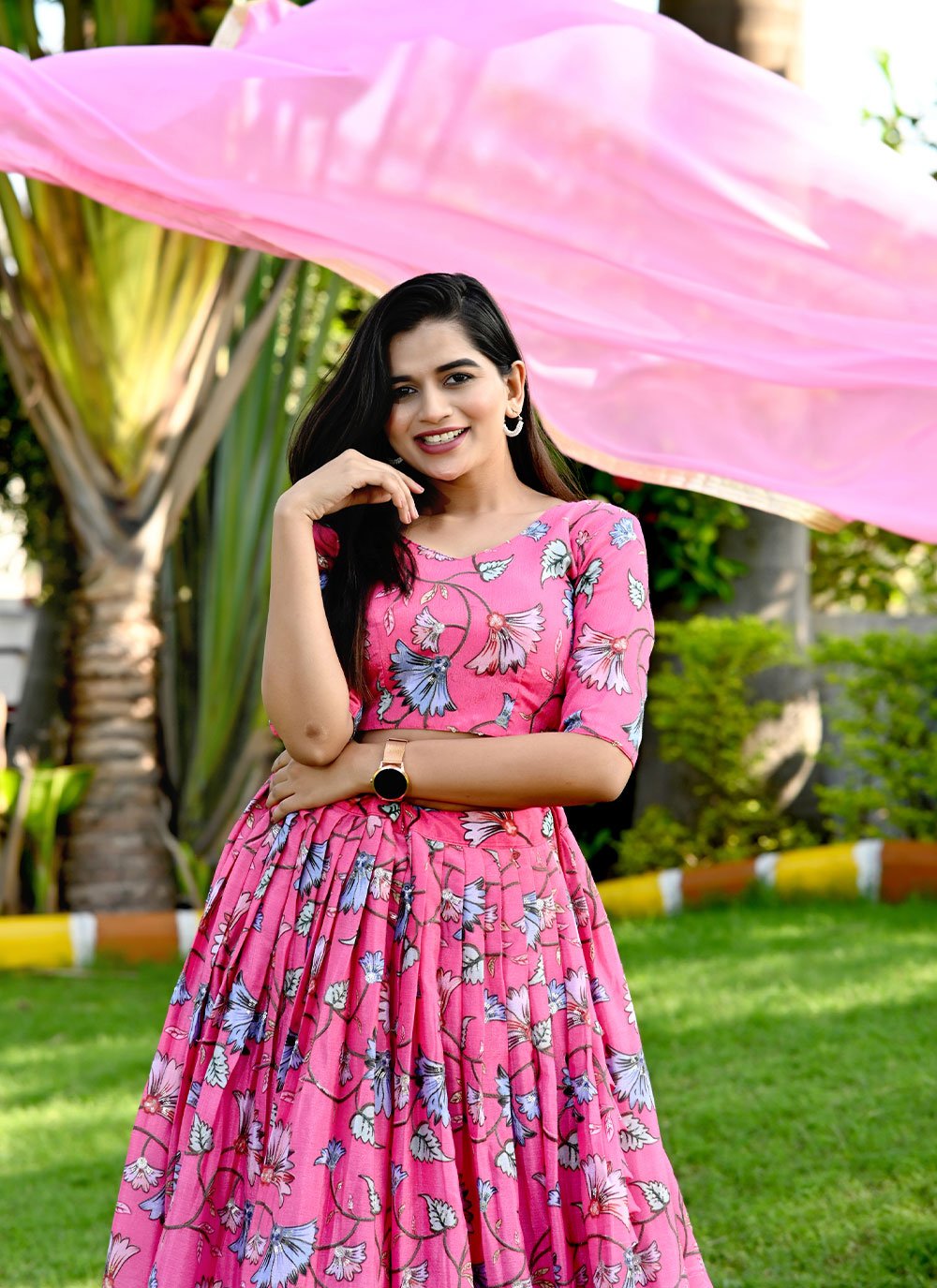 A Line Lehenga Chinon Pink Print Lehenga Choli