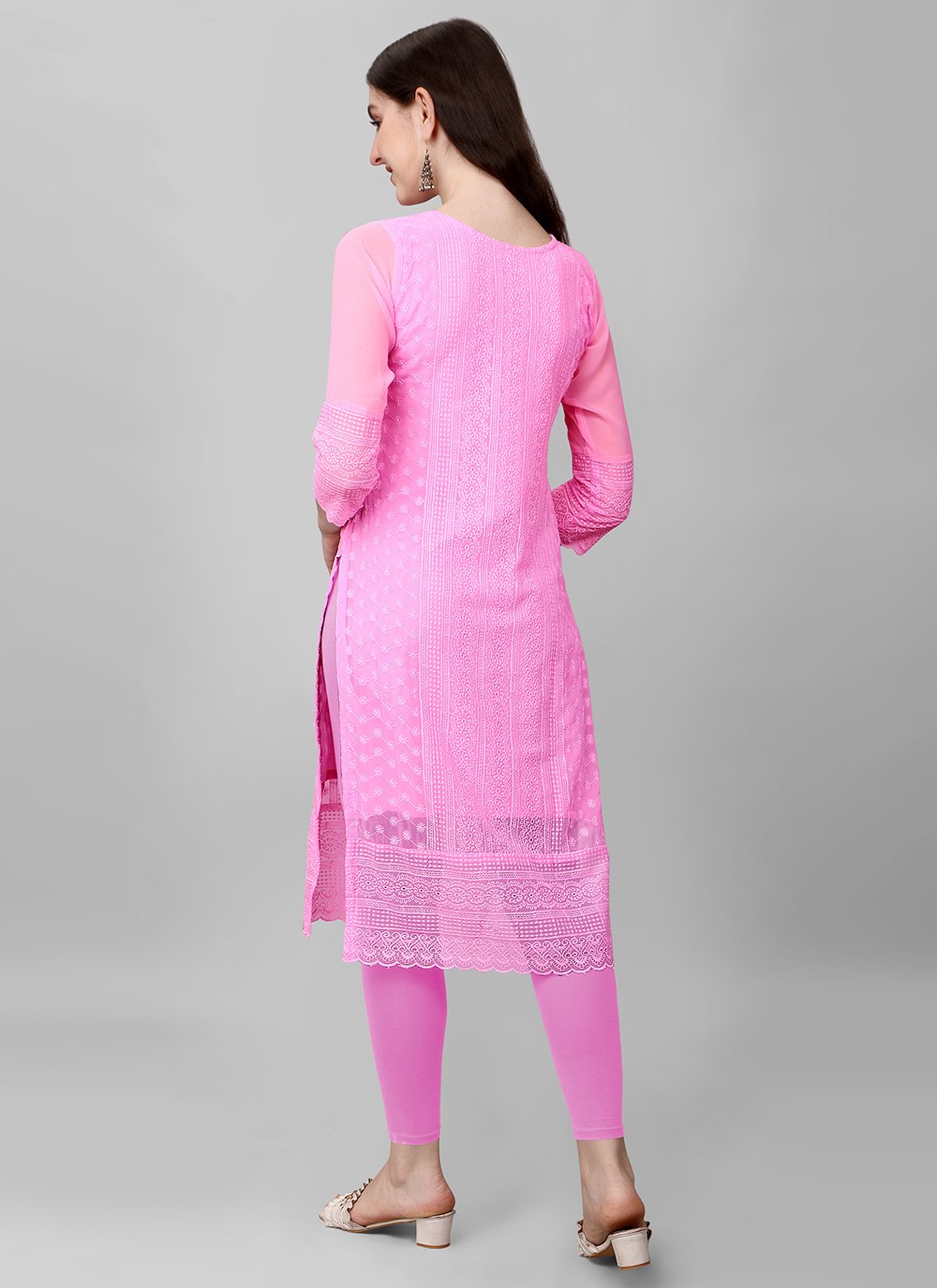 Party Wear Kurti Faux Georgette Pink Chikankari Work Kurtis