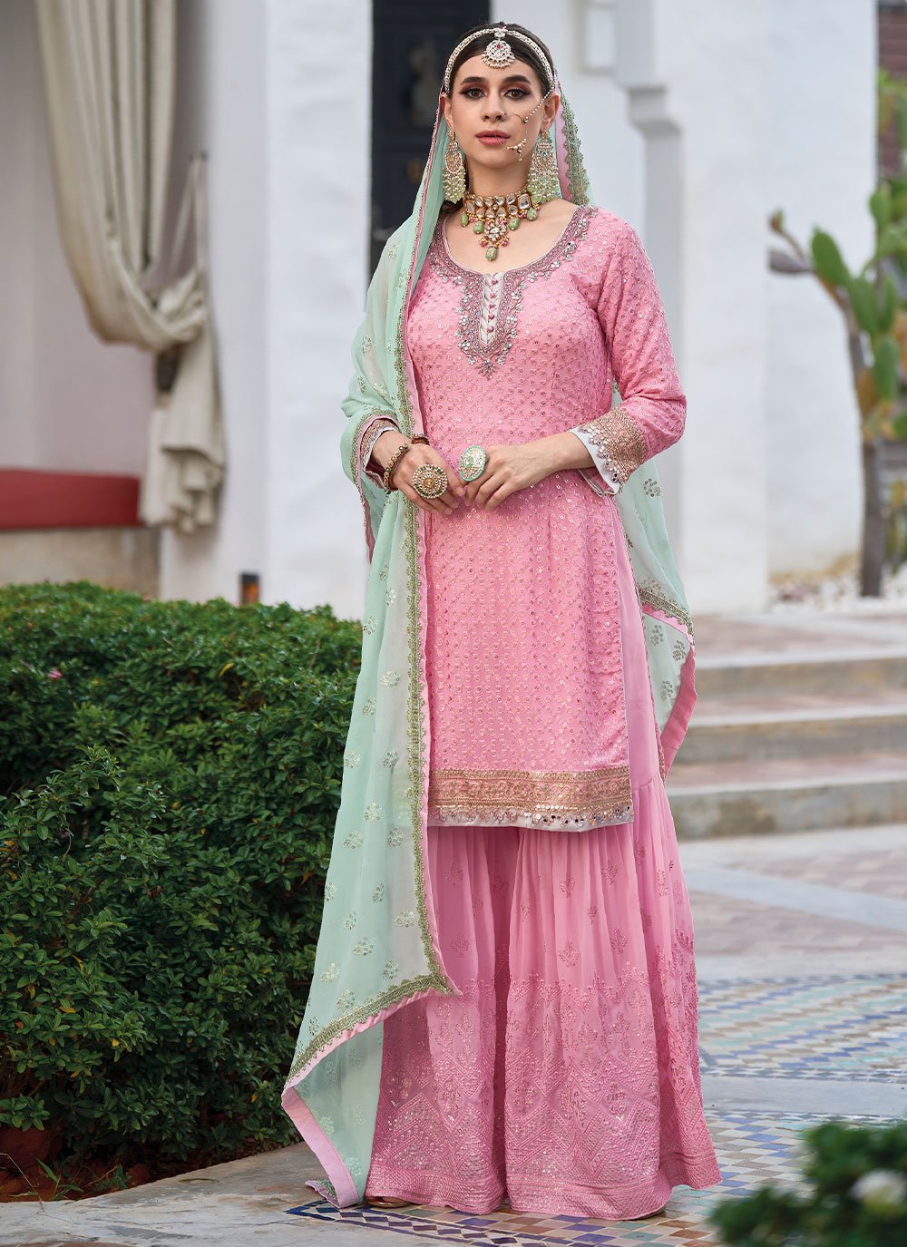 Palazzo Salwar Suit Faux Georgette Pink Embroidered Salwar Kameez