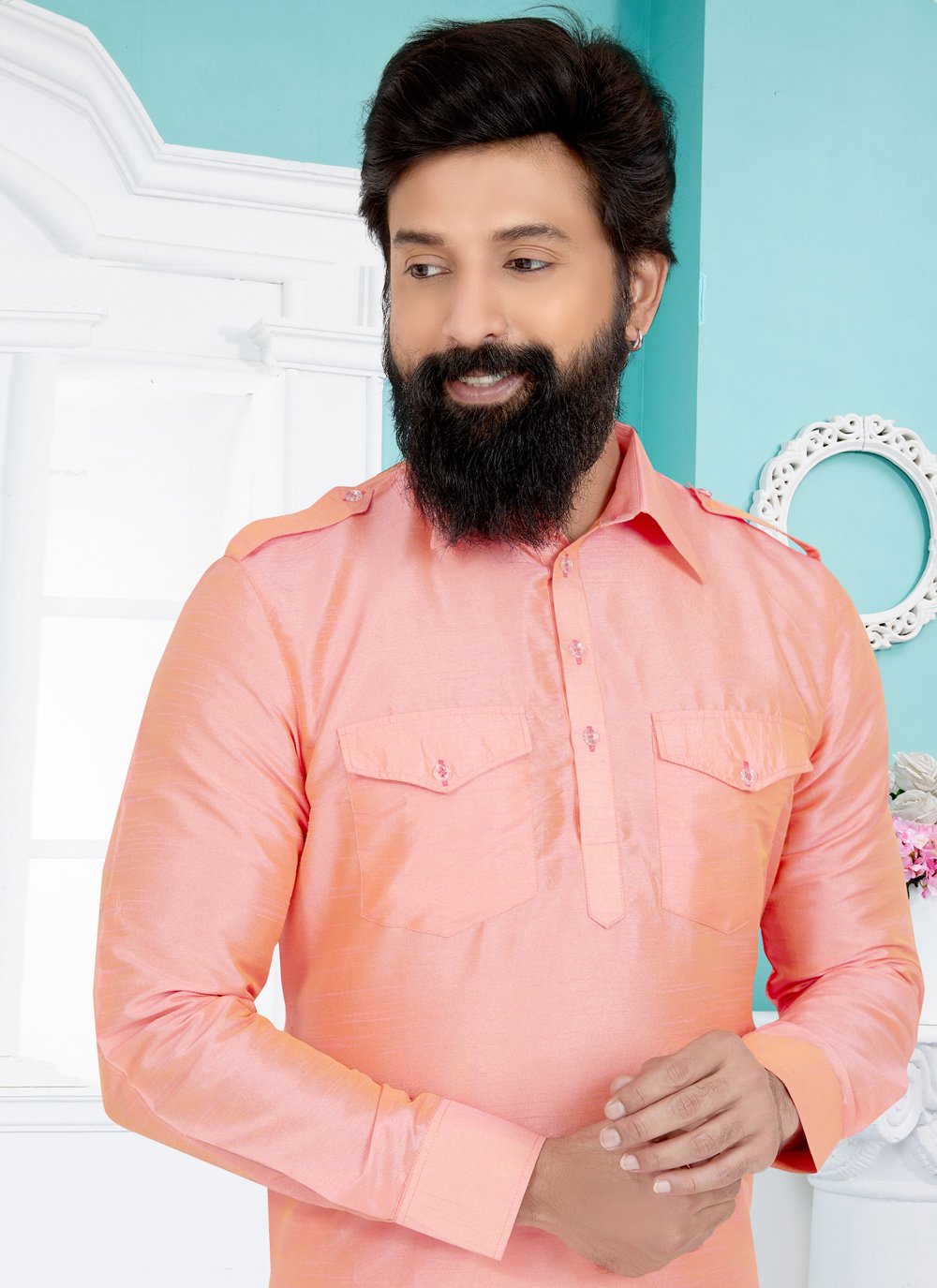 Kurta Pyjama Dupion Silk Pink Plain Mens