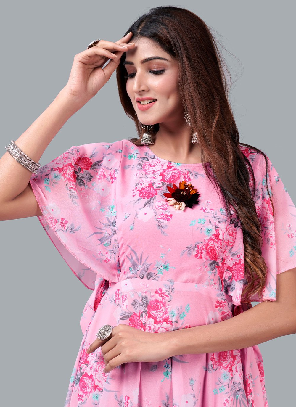 Gown Georgette Pink Print Gown