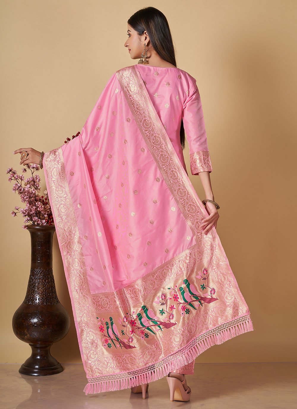 Salwar Suit Banarasi Silk Pink Woven Salwar Kameez