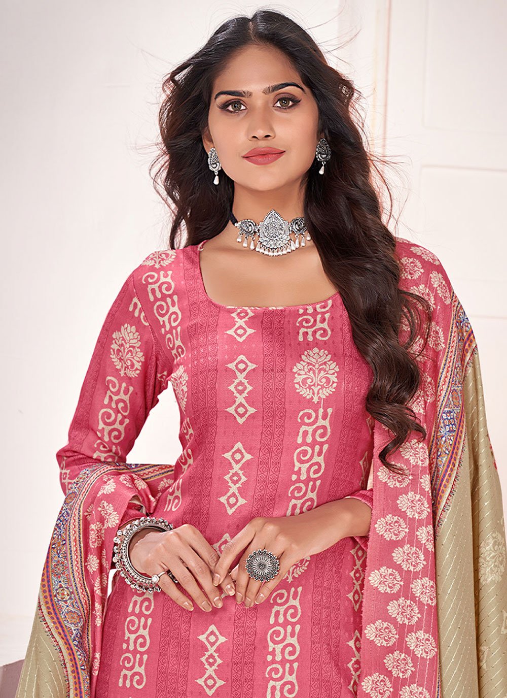 Salwar Suit Pashmina Pink Digital Print Salwar Kameez