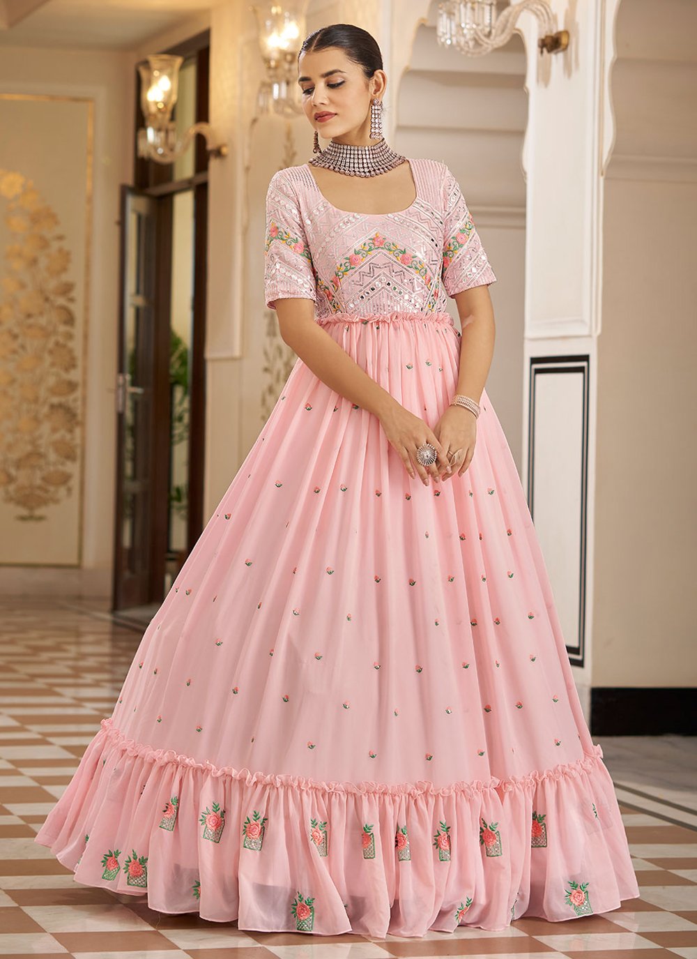 Gown Georgette Pink Embroidered Gown – Kajols Indian Pakistani
