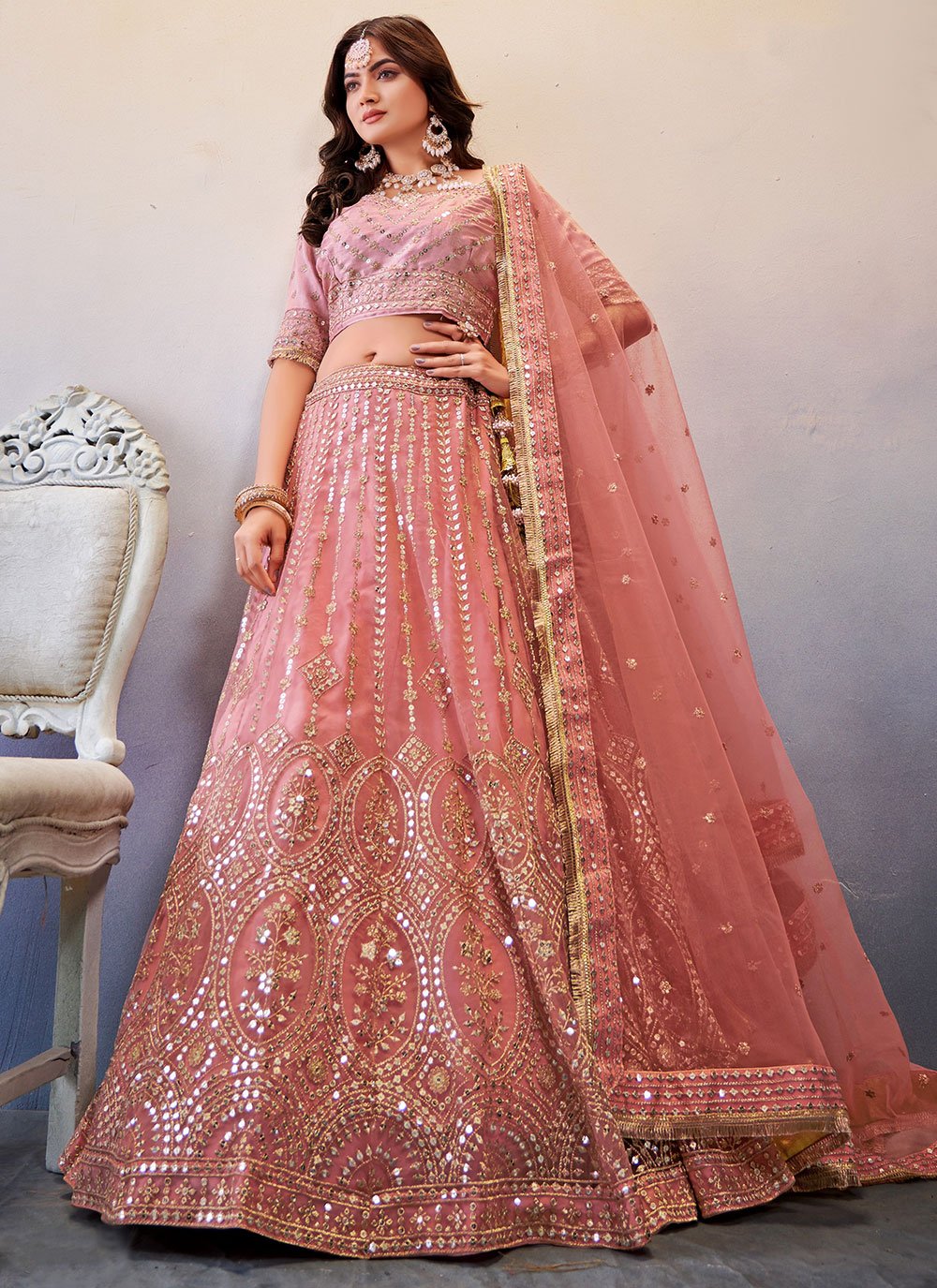 A Line Lehenga Net Pink Embroidered Lehenga Choli