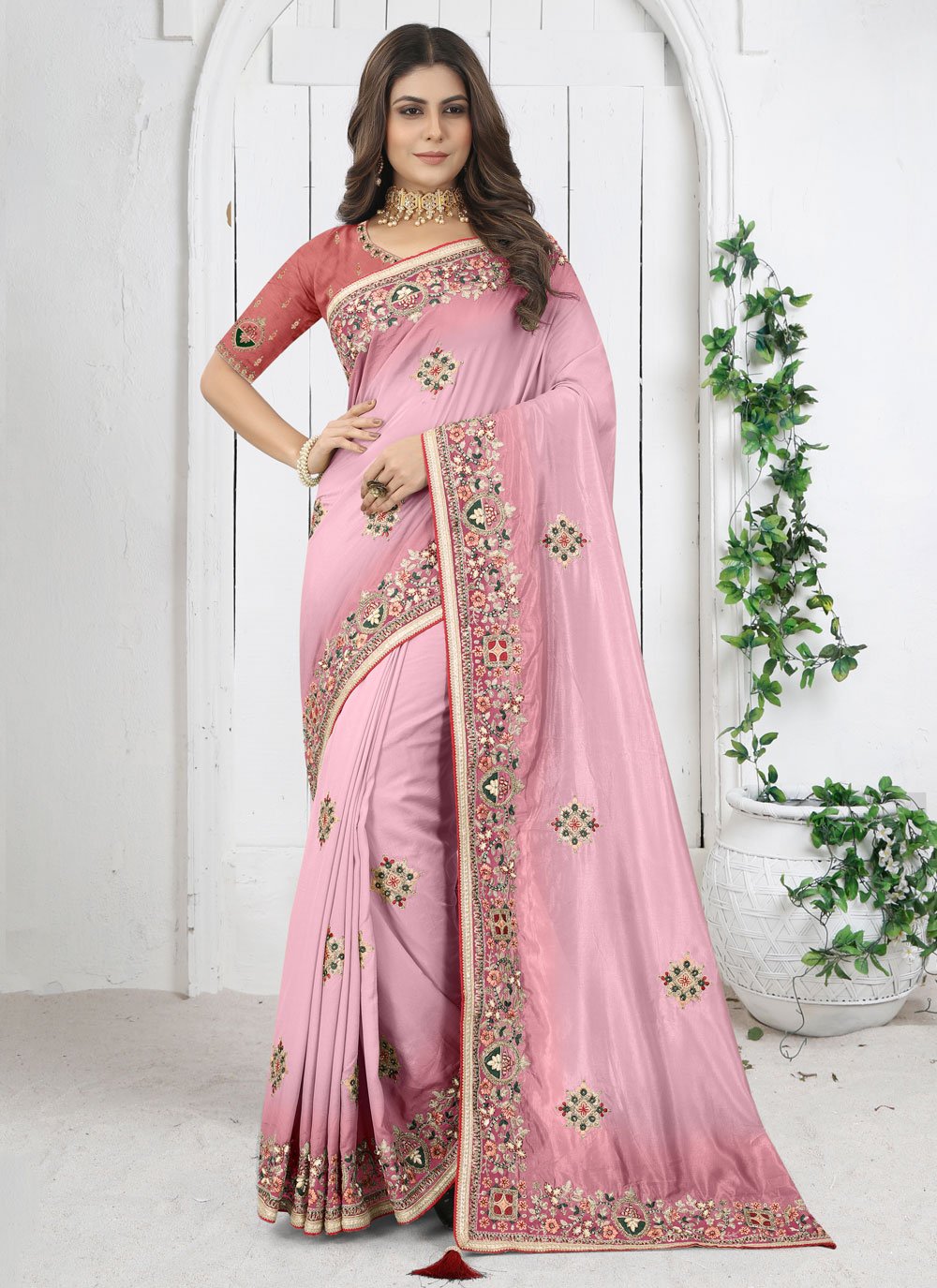 Designer Silk Pink Diamond Saree
