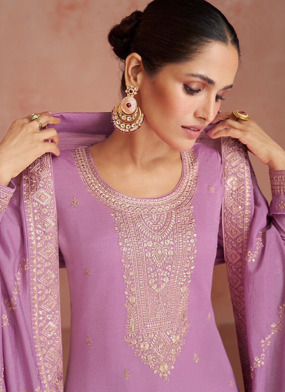 Palazzo Salwar Suit Silk Pink Embroidered Salwar Kameez