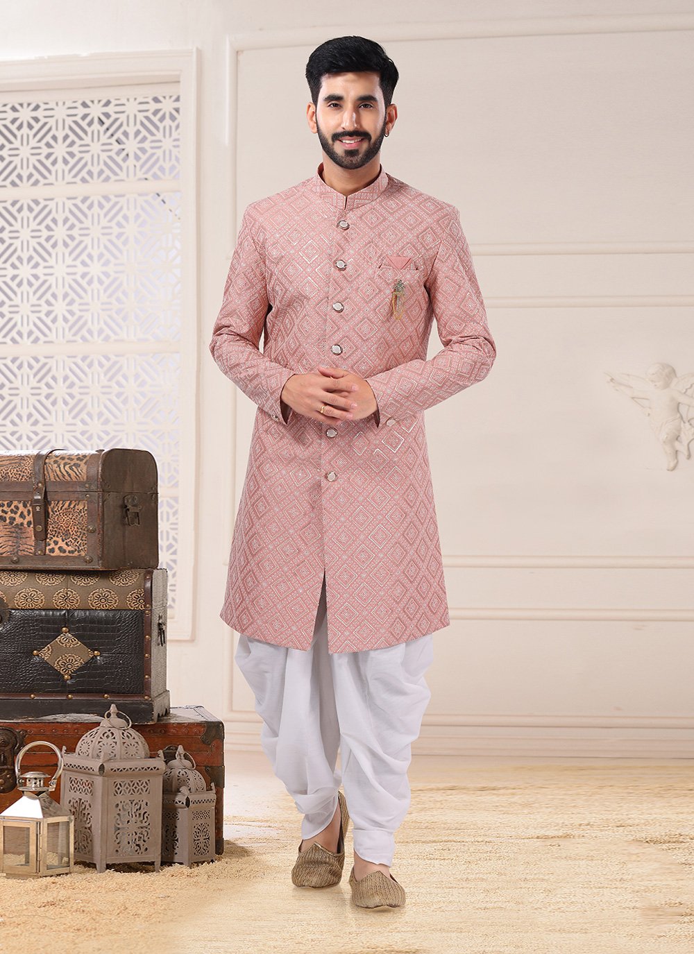 Indo Western Sherwani Silk Pink Embroidered Mens