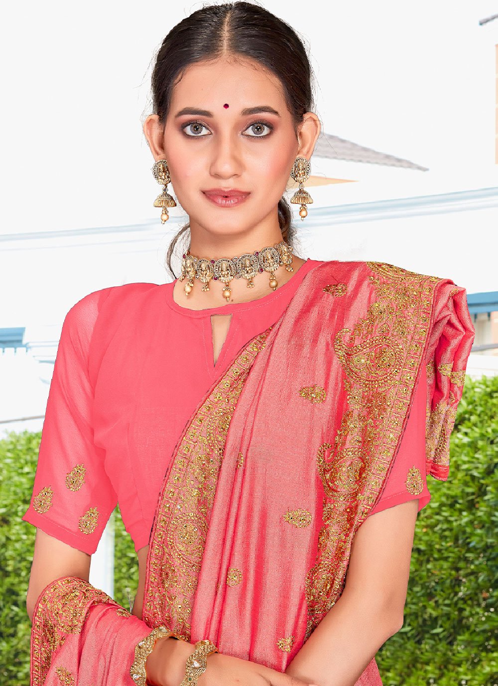 Trendy Saree Vichitra Silk Pink Embroidered Saree