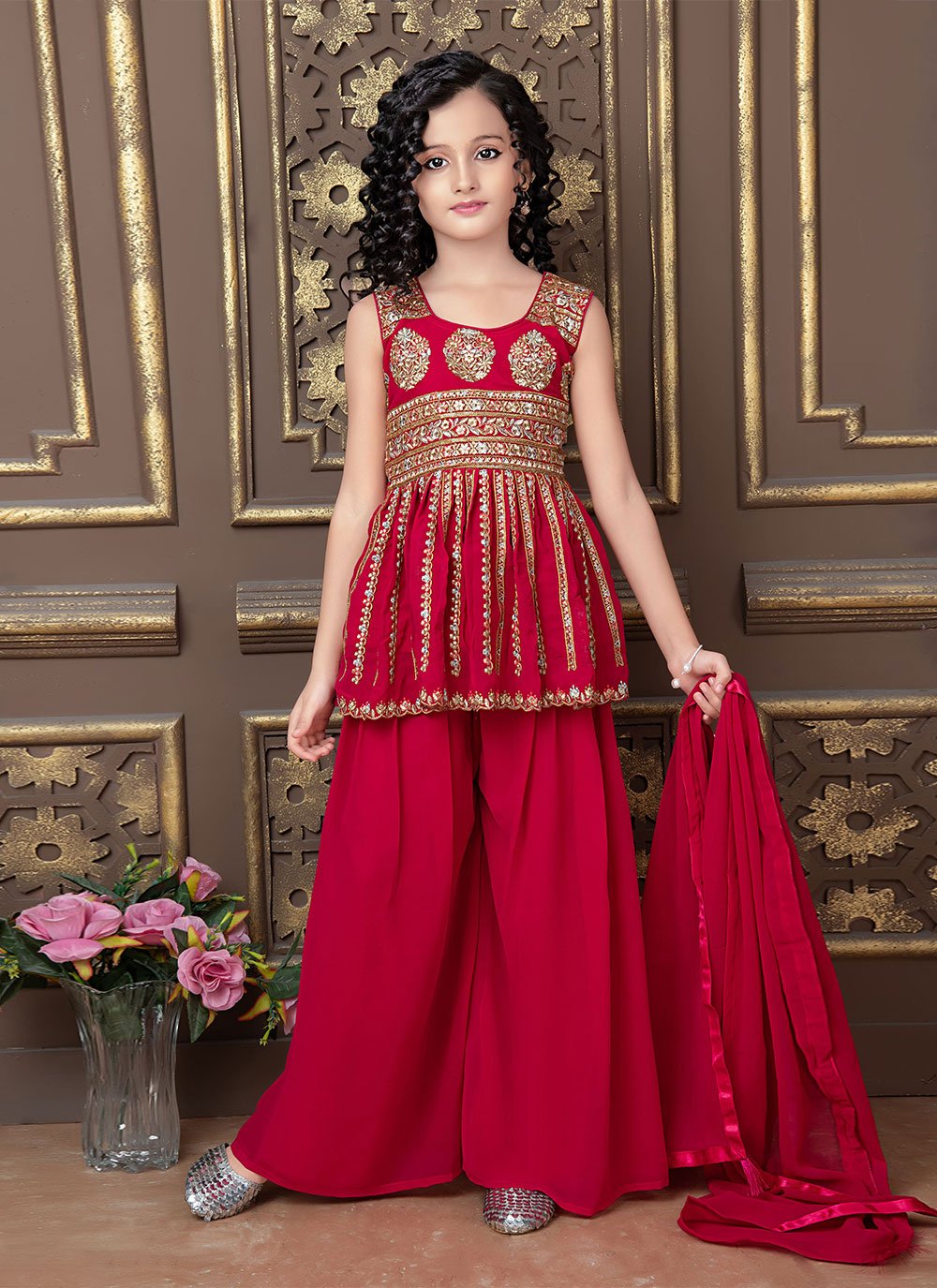 Salwar Suit Faux Georgette Pink Embroidered Kids