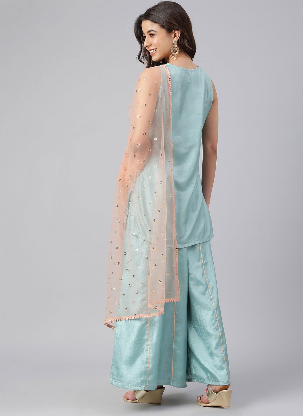 Salwar Suit Poly Silk Aqua Blue Patch Border Salwar Kameez