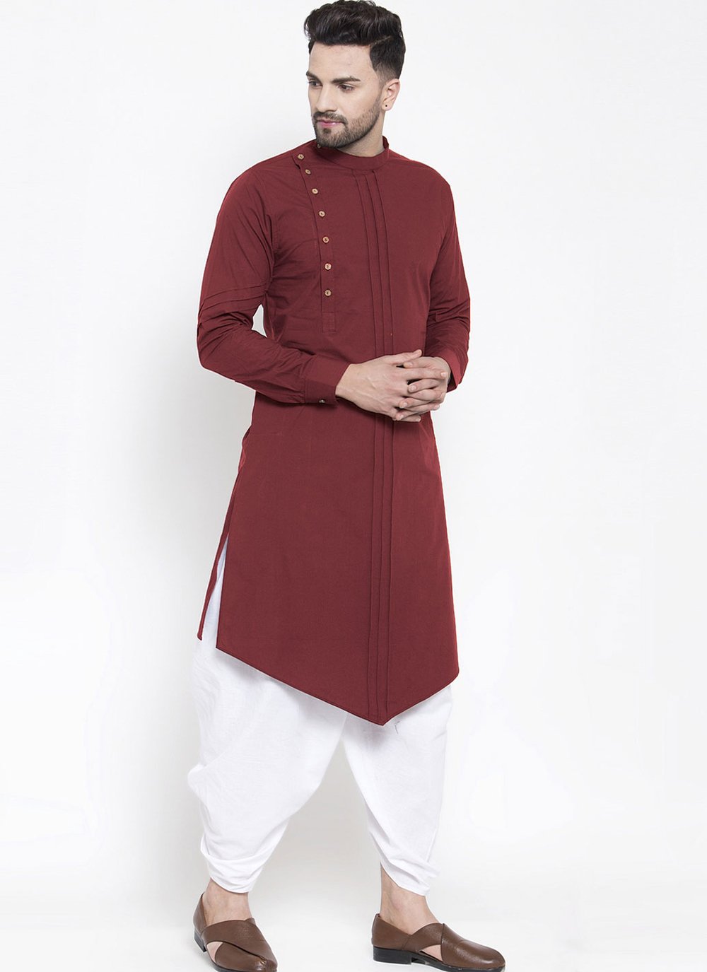 Dhoti Kurta Blended Cotton Maroon Plain Mens