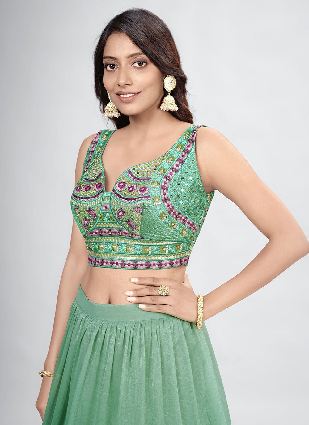 A Line Lehenga Chiffon Green Embroidered Lehenga Choli