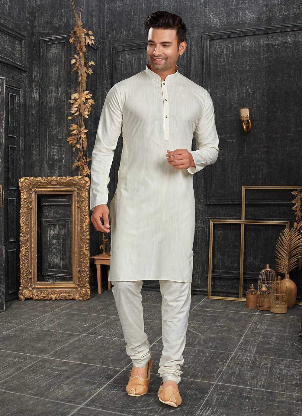 Kurta Pyjama Cotton Off White Plain Mens