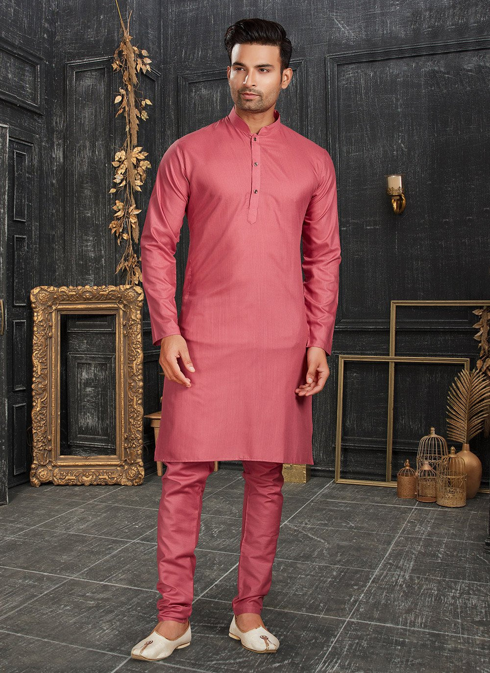 Kurta Pyjama Cotton Pink Plain Mens
