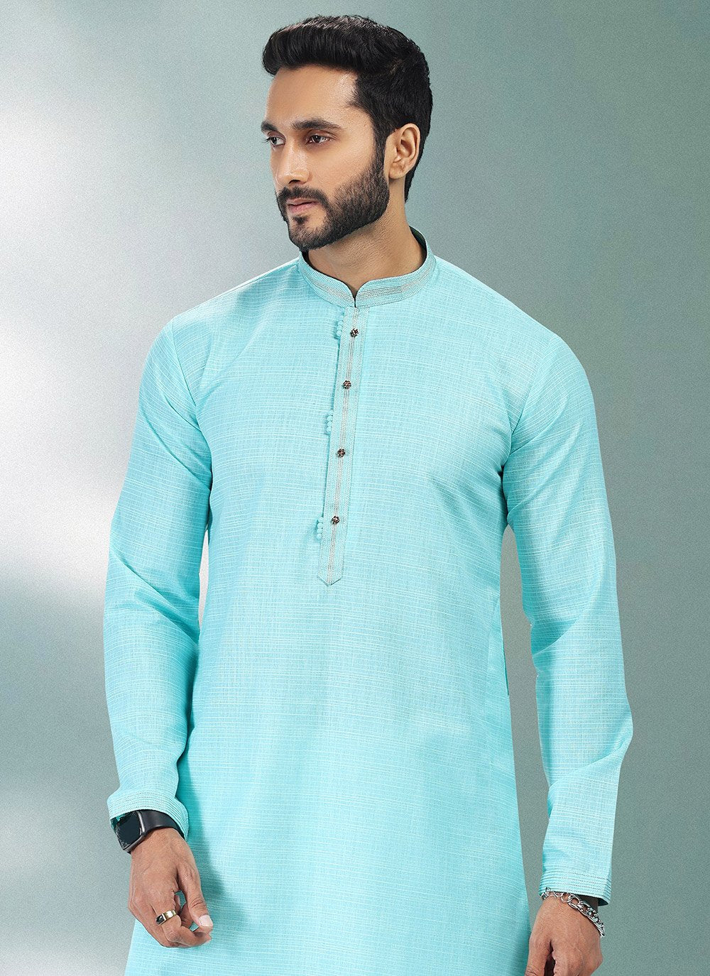 Kurta Pyjama Cotton Linen Turquoise Plain Mens