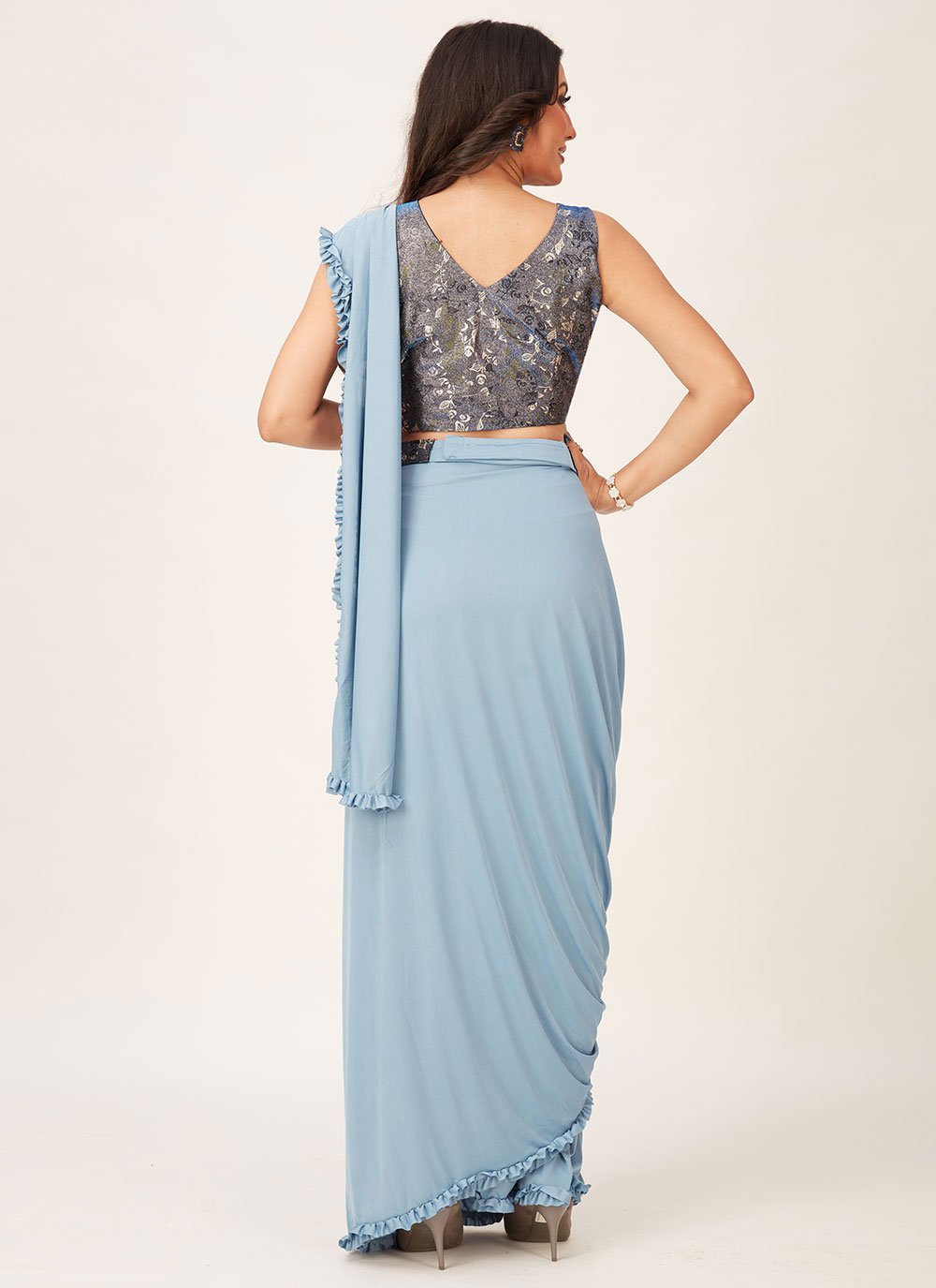 Classic Imported Aqua Blue Plain Saree