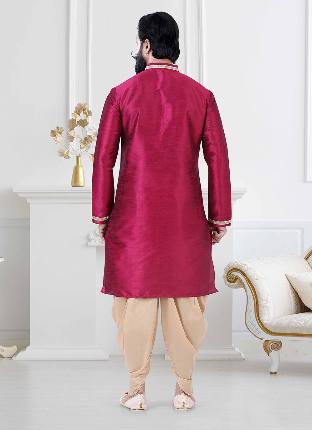 Dhoti Kurta Silk Red Plain Mens