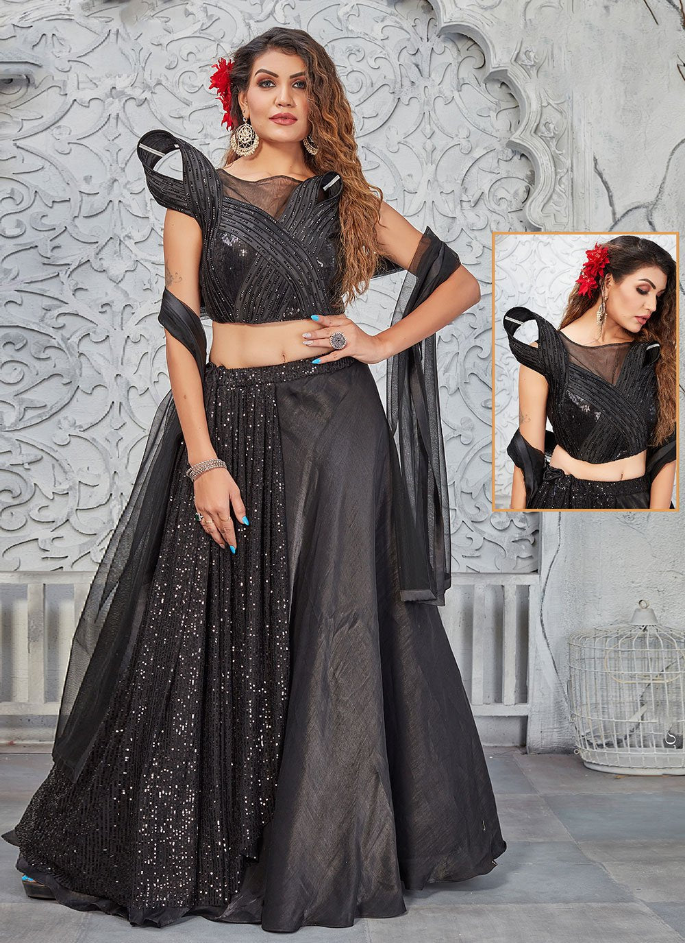 Lehenga Choli Silk Black Plain Lehenga Choli