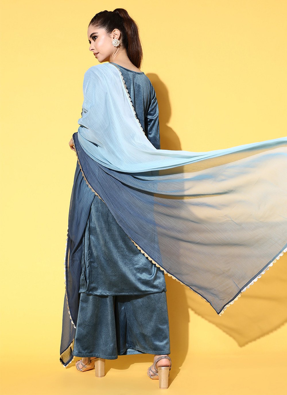 Party Wear Kurti Velvet Teal Plain Kurtis