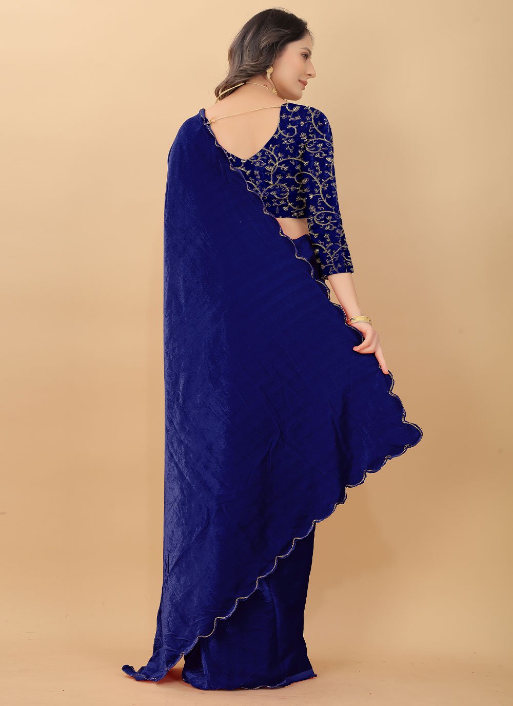 Contemporary Velvet Blue Embroidered Saree