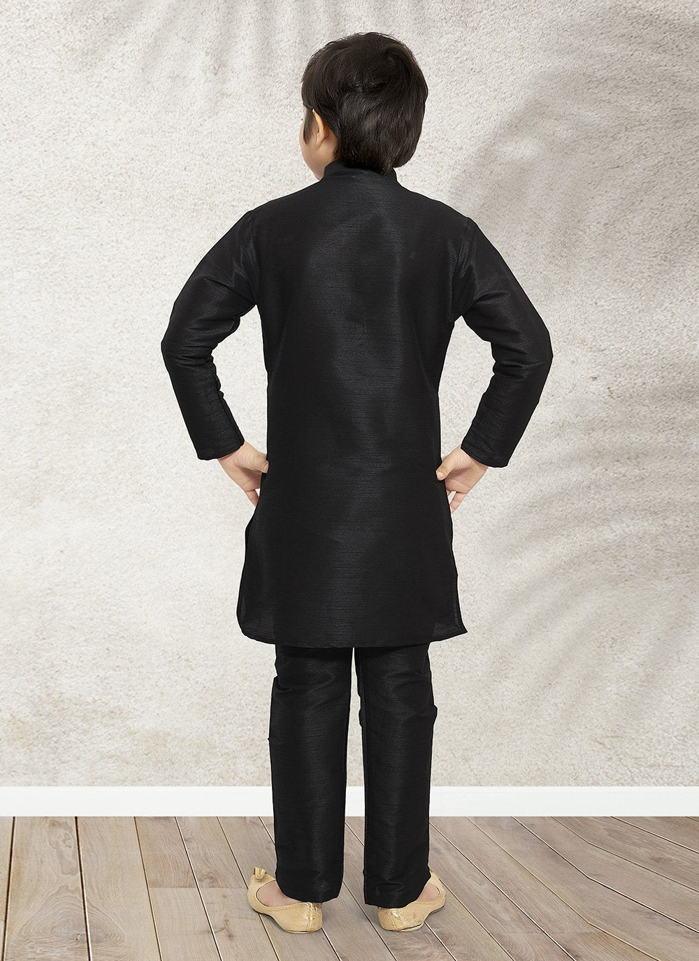 Kurta Pyjama Art Banarasi Silk Black Plain Kids