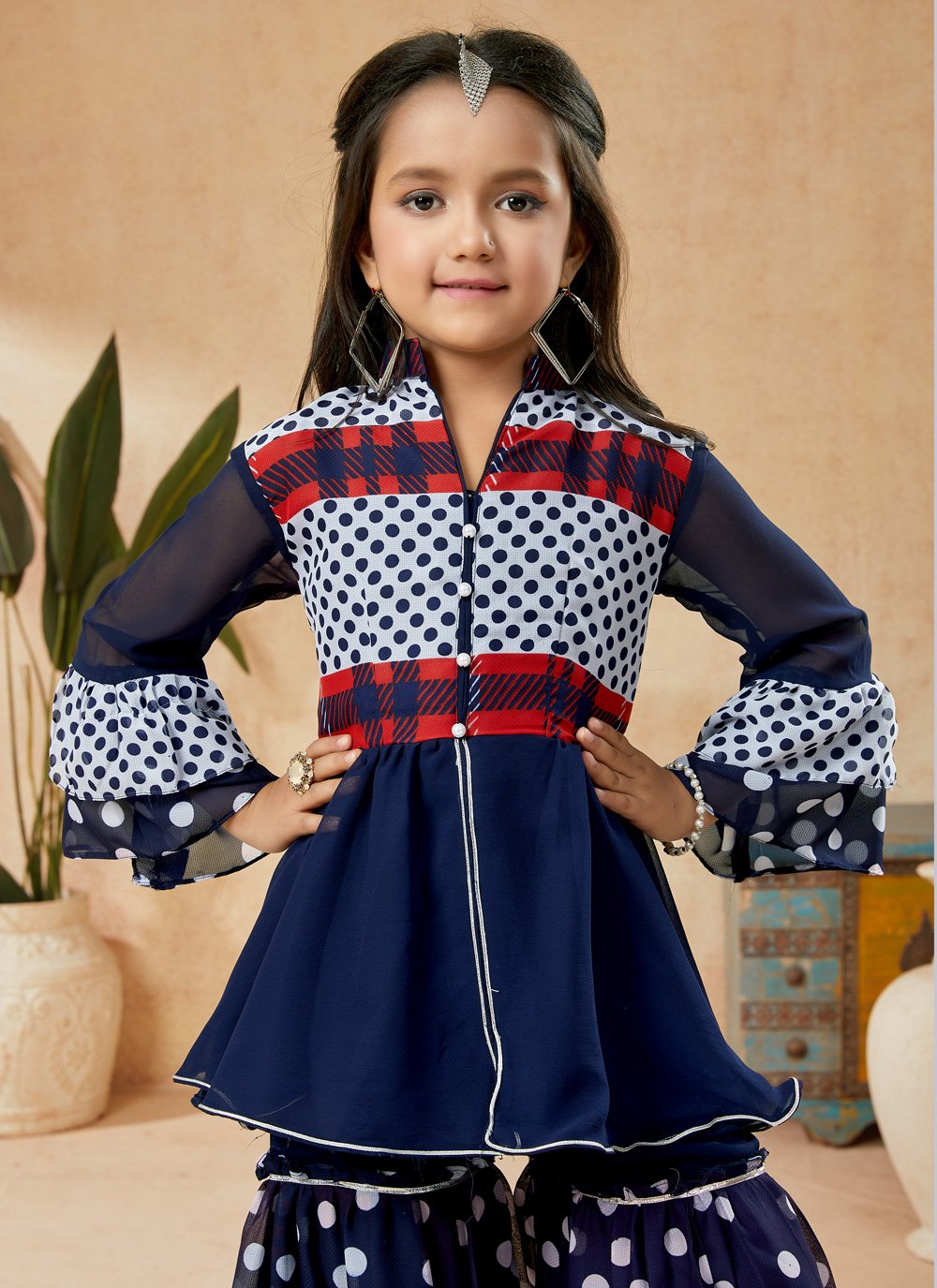 Sharara Set Faux Georgette Blue Polka Dotted Kids