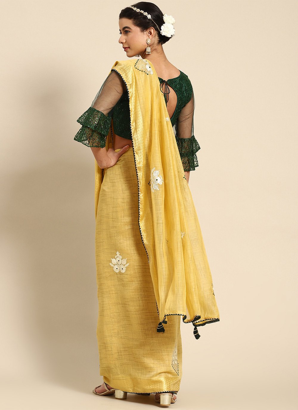 Contemporary Poly Cotton Yellow Embroidered Saree